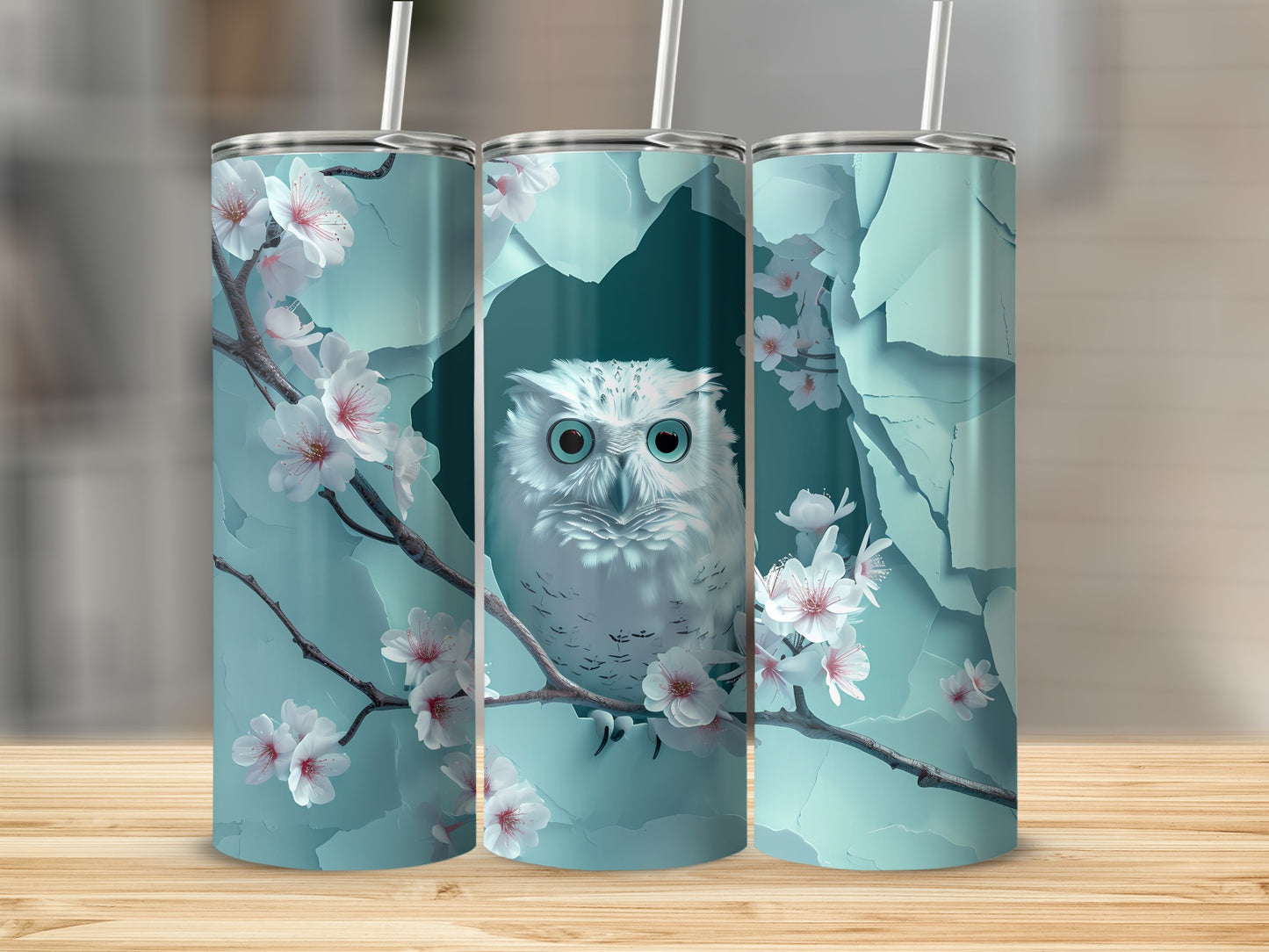 White owl on a cherry blossom branch with teal background.