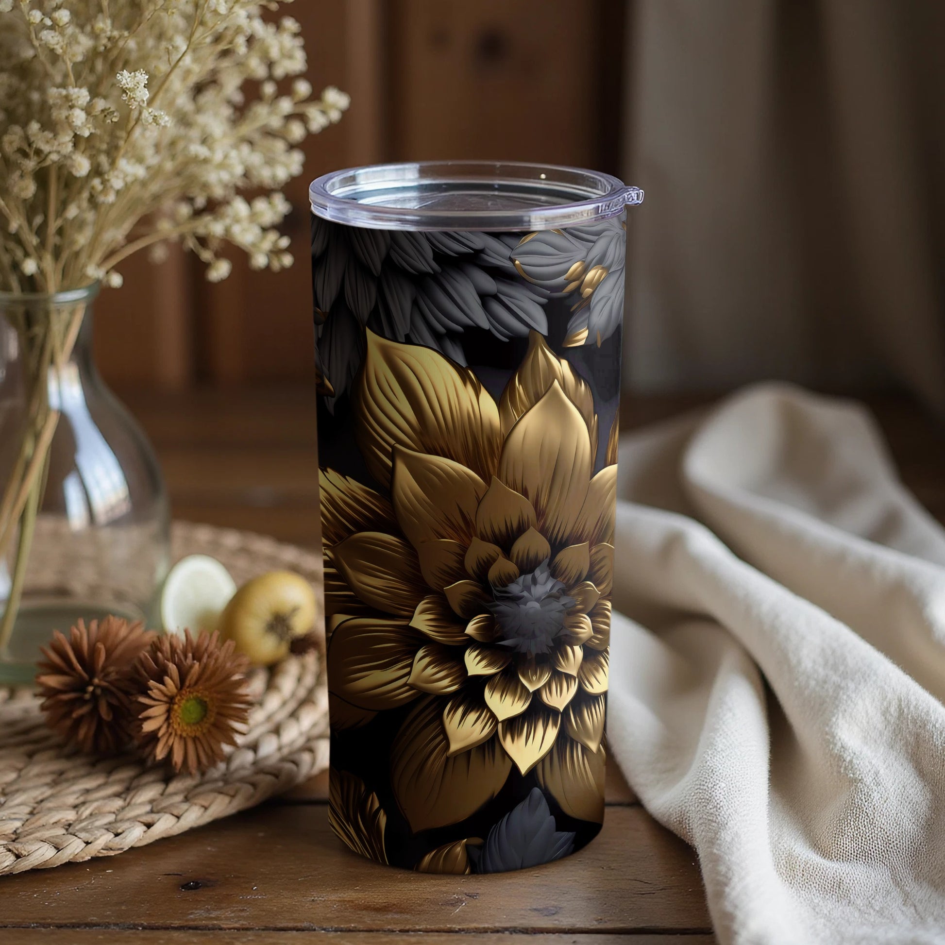 Gold and Black Floral Design Tumbler Cup