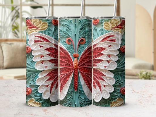 Tall tumbler with a red and white paper quilled butterfly design.