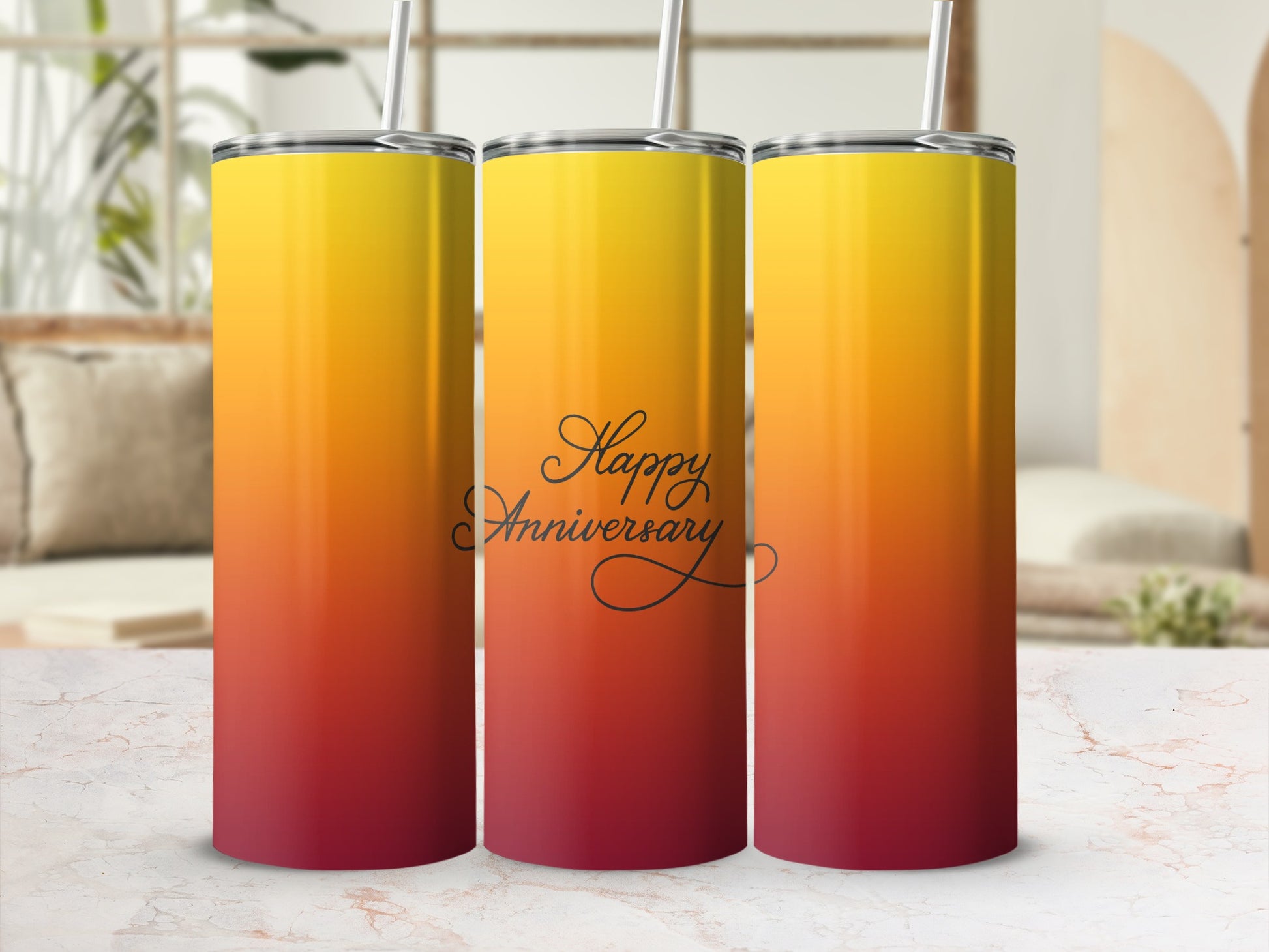 Three tumblers with a red to yellow gradient and "Happy Anniversary" text.