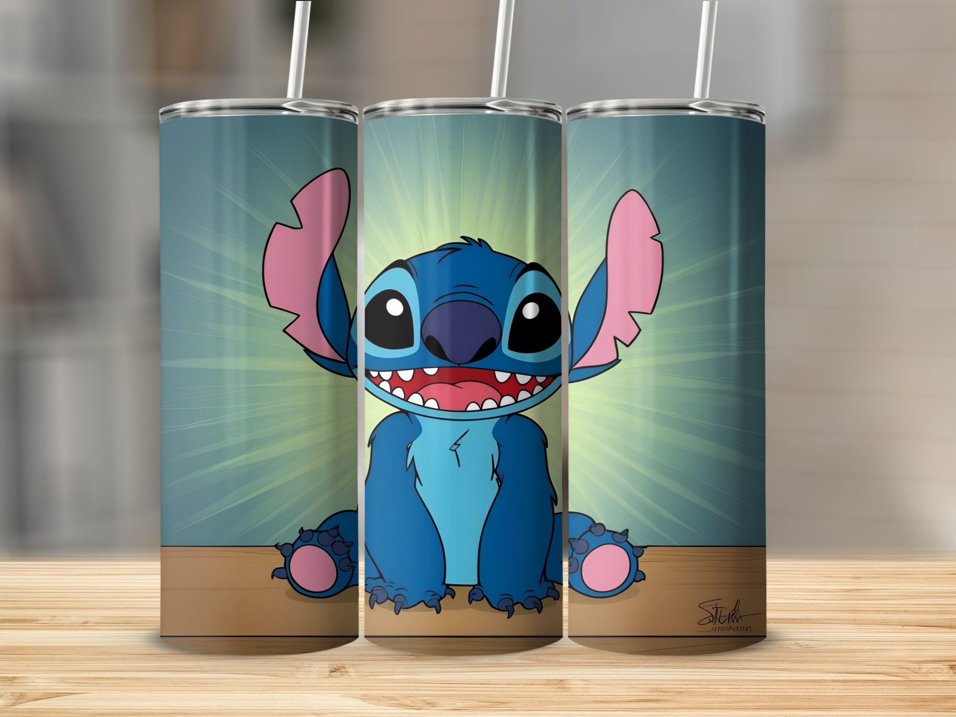 Cartoon Stitch character on a wooden surface with a radiating blue background.