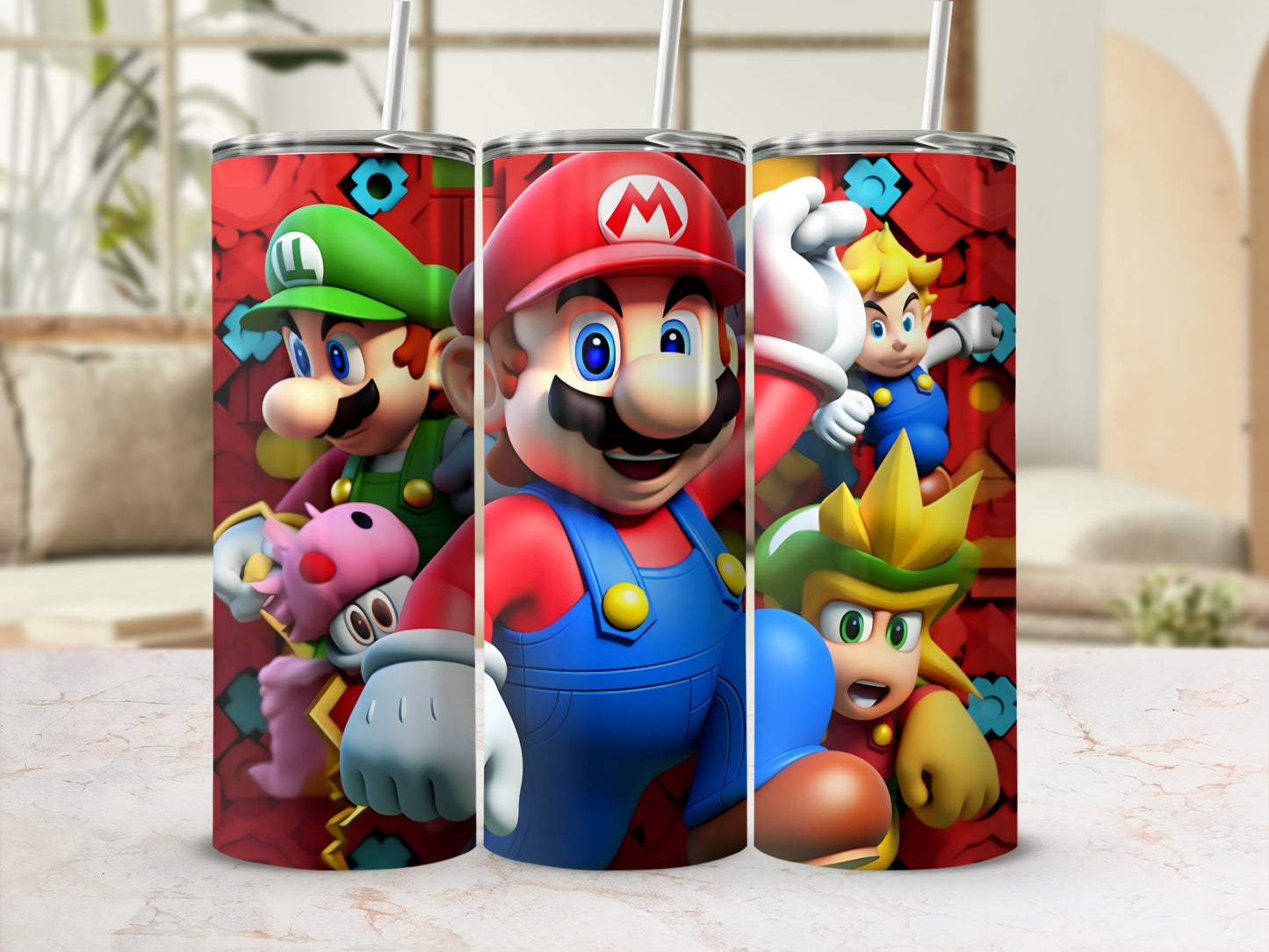 Colorful Mario Character Tumbler with Straw Cup