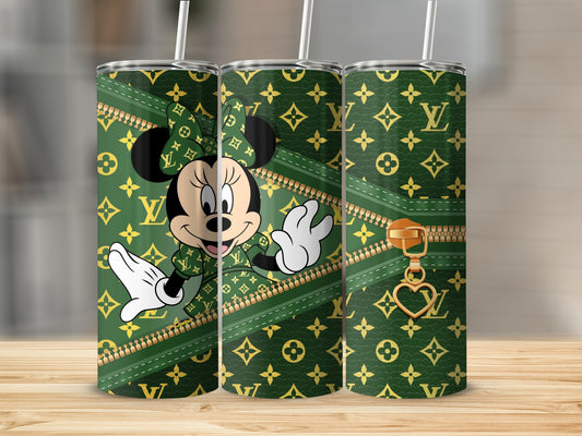 Minnie Mouse in Louis Vuitton print on a green tumbler with gold zipper detail.