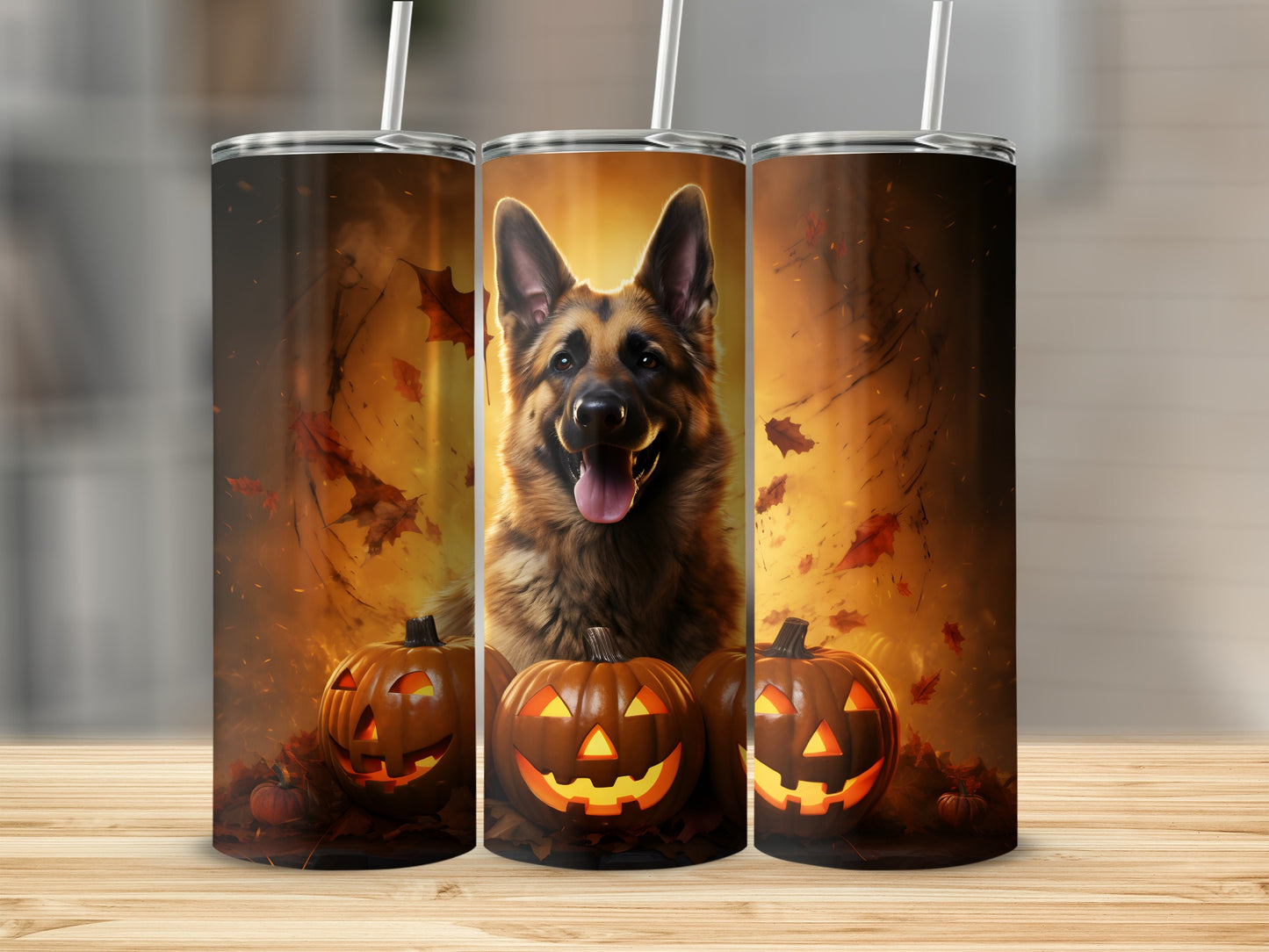 German Shepherd and jack-o'-lanterns on tumblers with autumn leaves and smoky background.