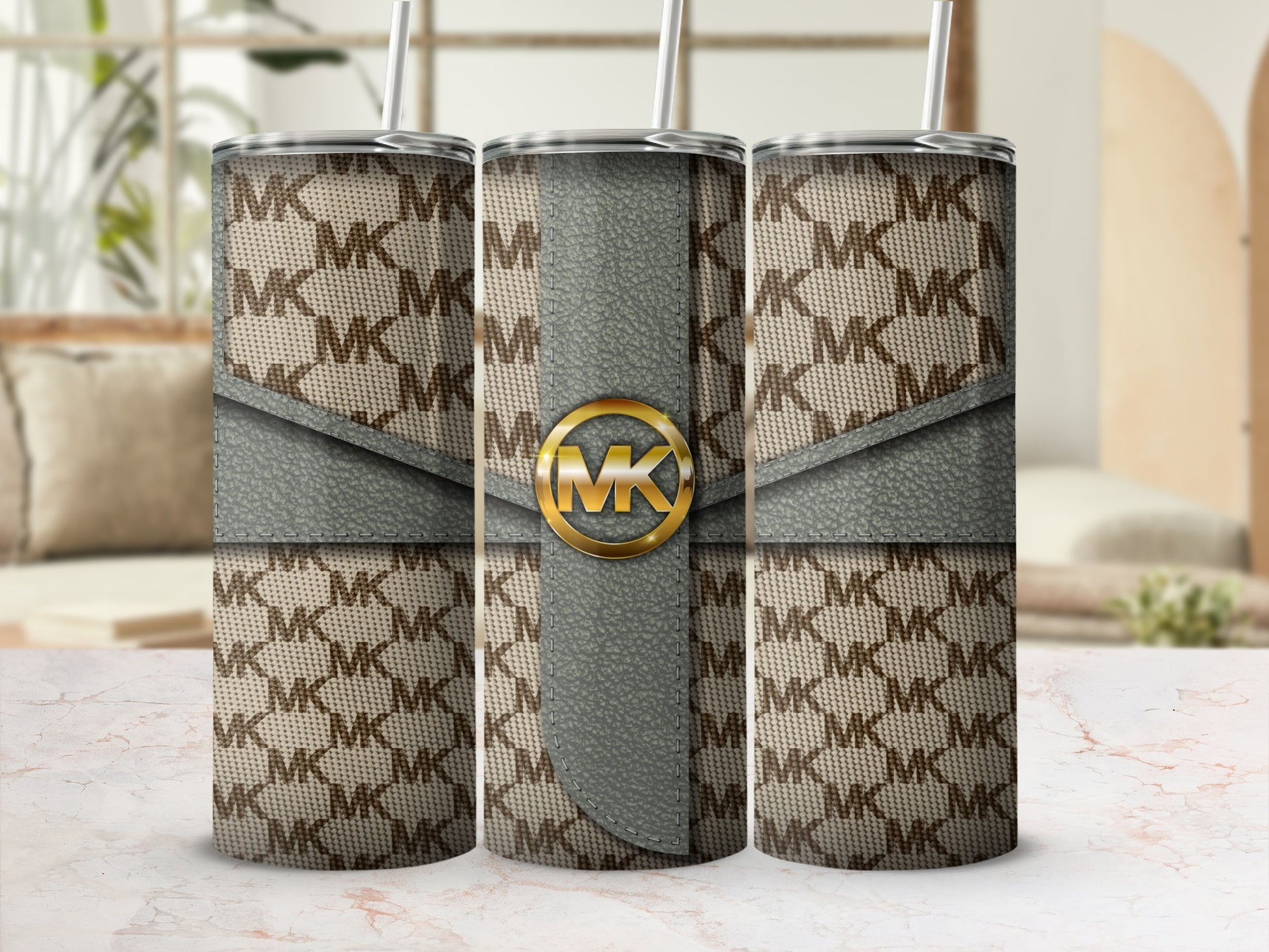 Stylish MK Patterned Grey and Beige Tumbler Cup