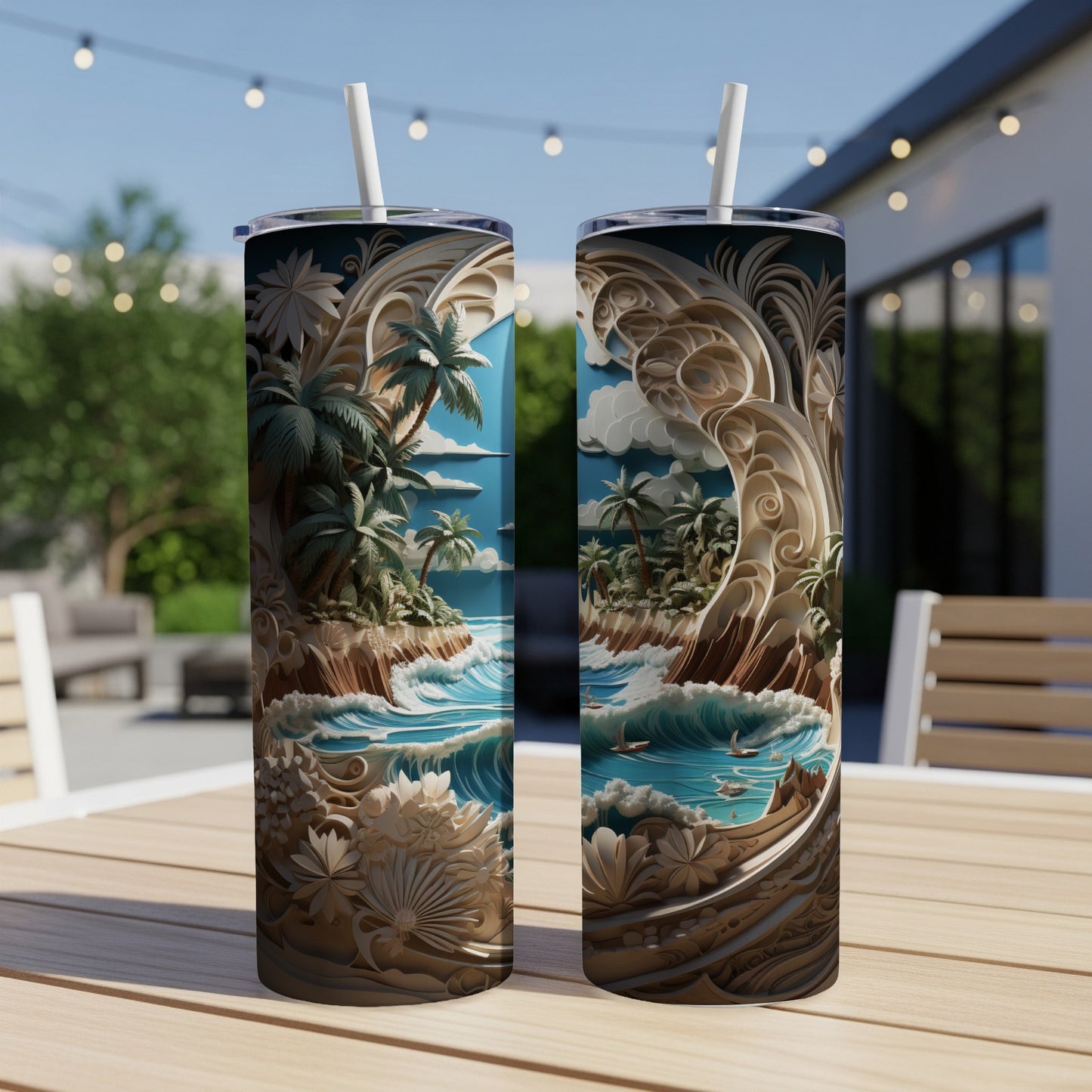 Two tropical island beach scenes on skinny tumblers, one with a sailboat.