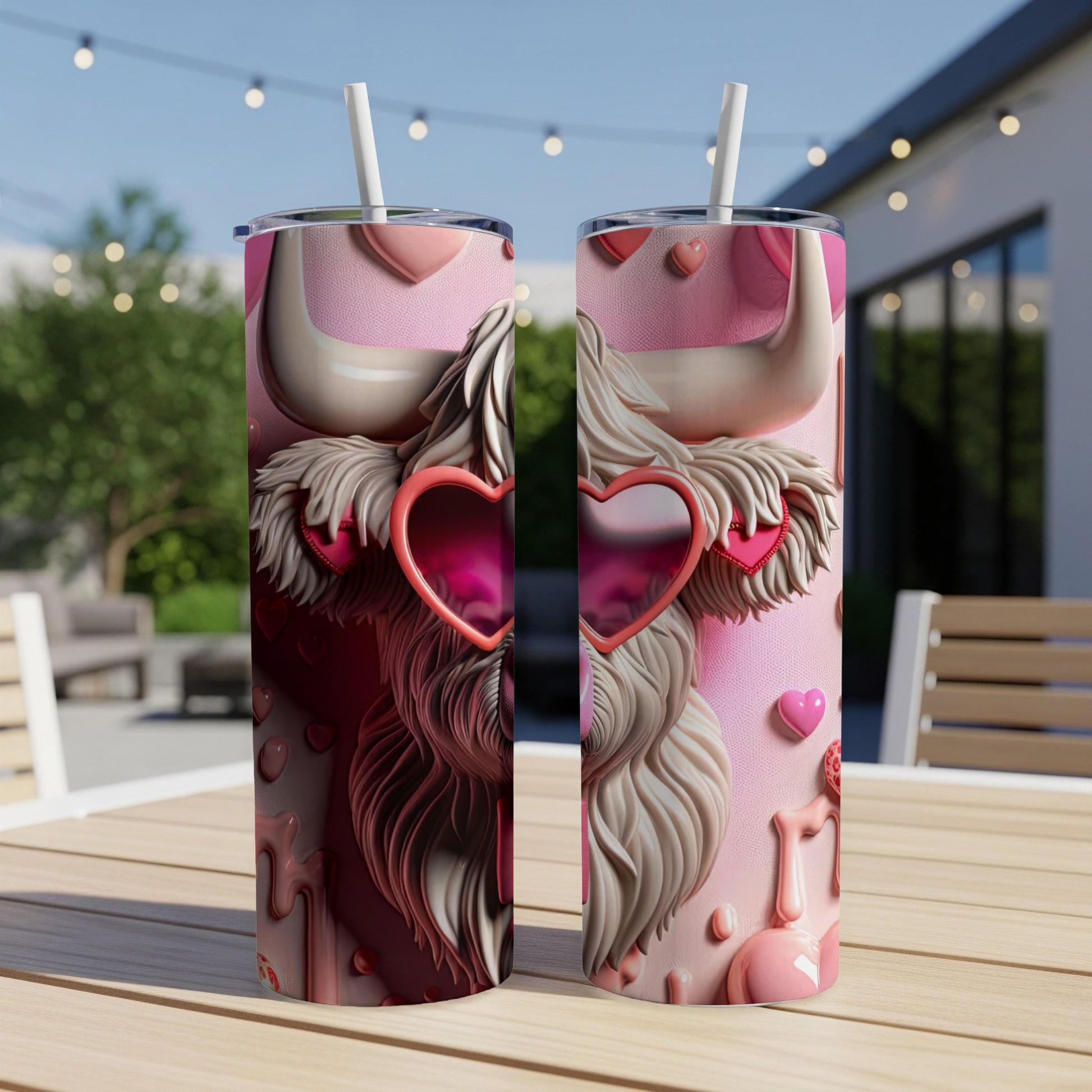 Pink highland cow with heart-shaped sunglasses on a tumbler.