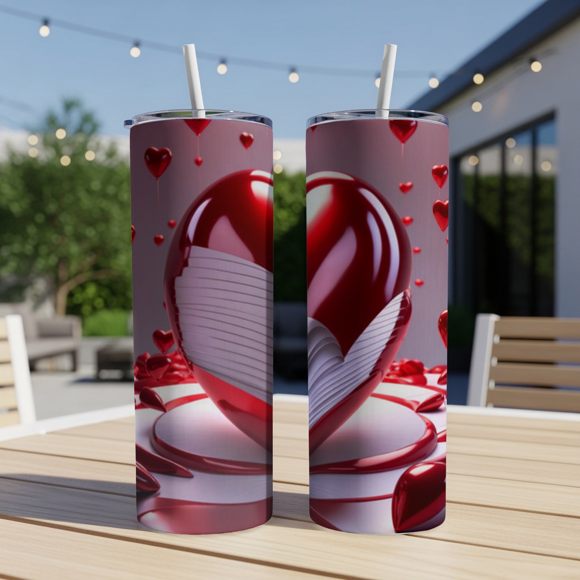 Two tall tumblers with a red heart design on a wooden table.