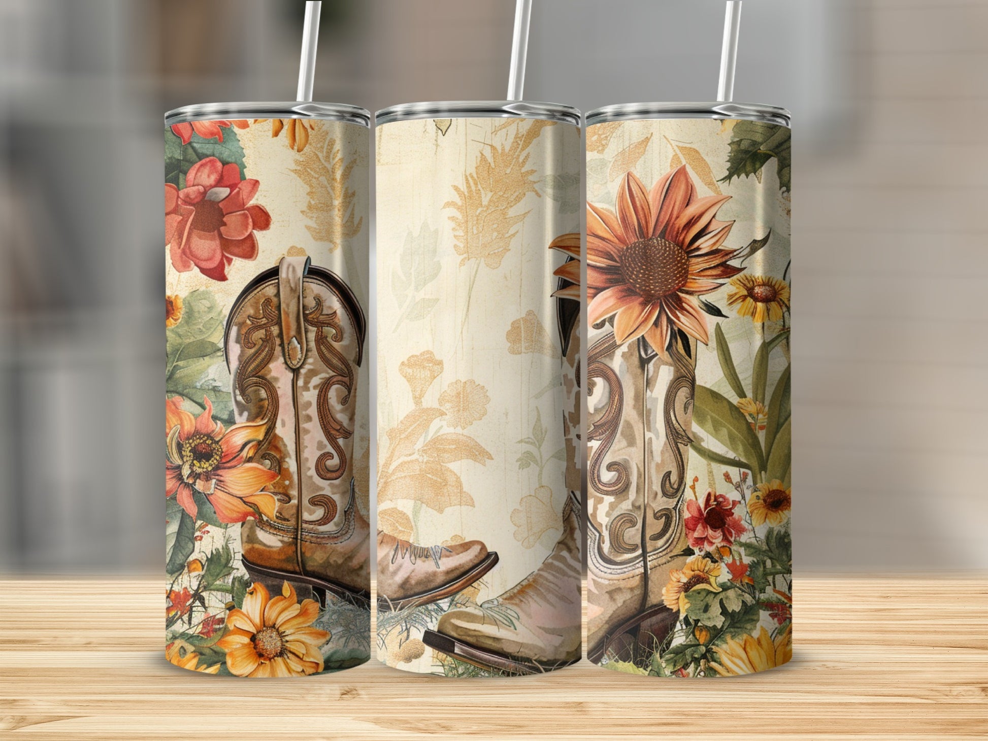 Three cowboy boots adorned with sunflowers and floral patterns.