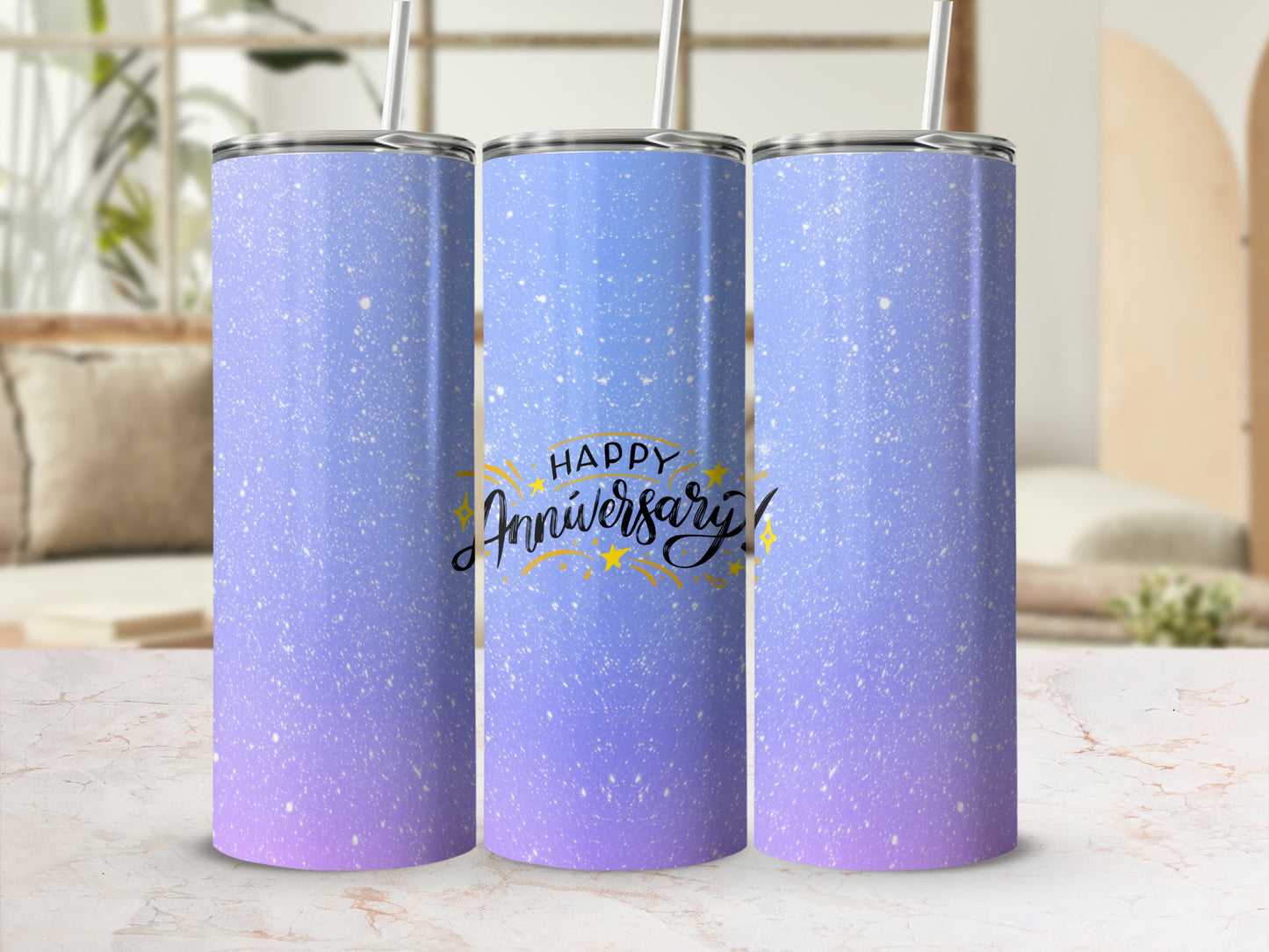 Purple and blue ombre tumbler with "Happy Anniversary" in yellow calligraphy.