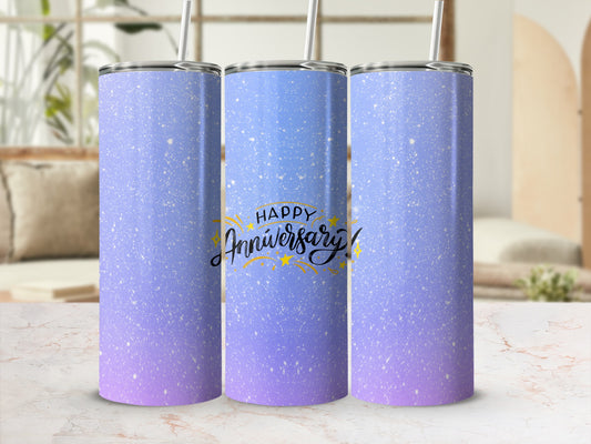 Purple and blue ombre tumbler with "Happy Anniversary" in yellow calligraphy.