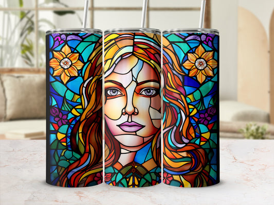 Three stained glass tumblers featuring a woman's face with colorful flowers and geometric patterns.