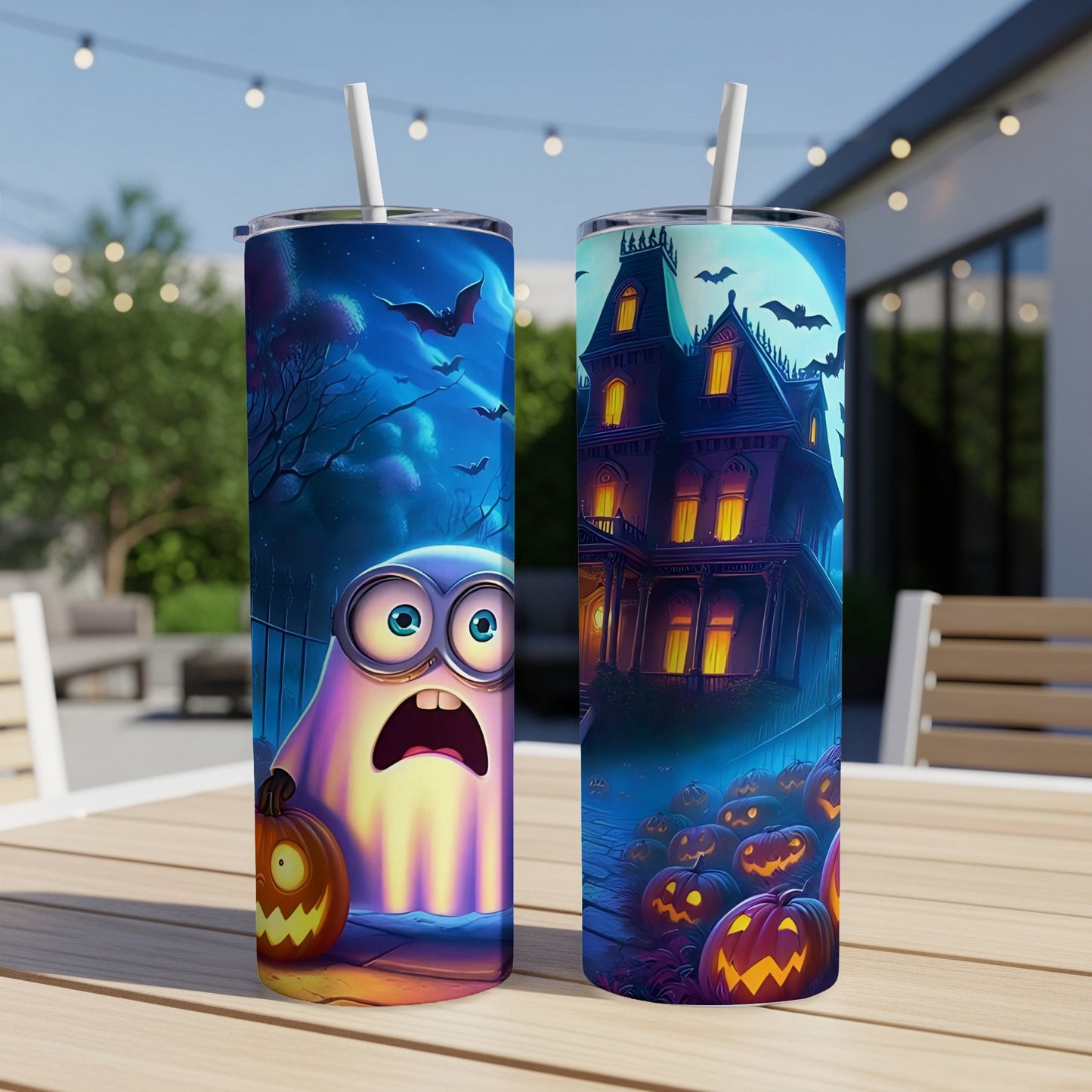 Halloween themed tumblers with a ghost and haunted house design.