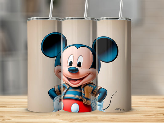 Mickey Mouse wearing a striped shirt and jacket, presented on three tumblers.