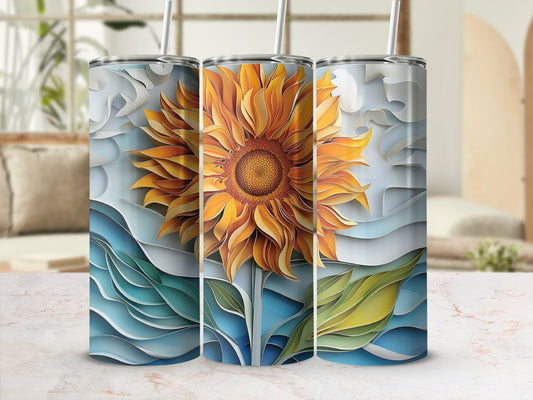 Sunflower with layered blue and green paper-cut style background.