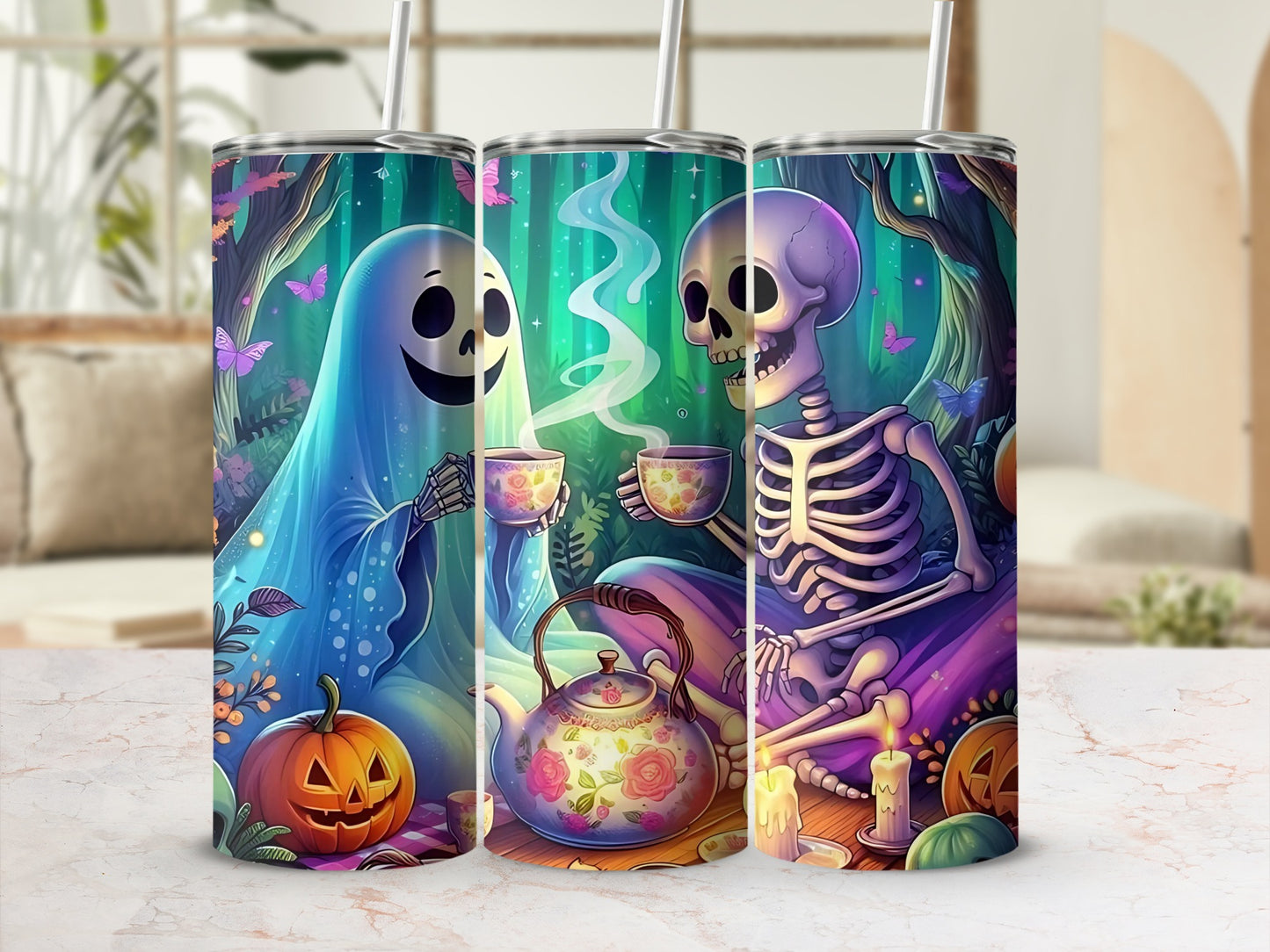Ghost and skeleton enjoying tea with pumpkins and candles in a forest.