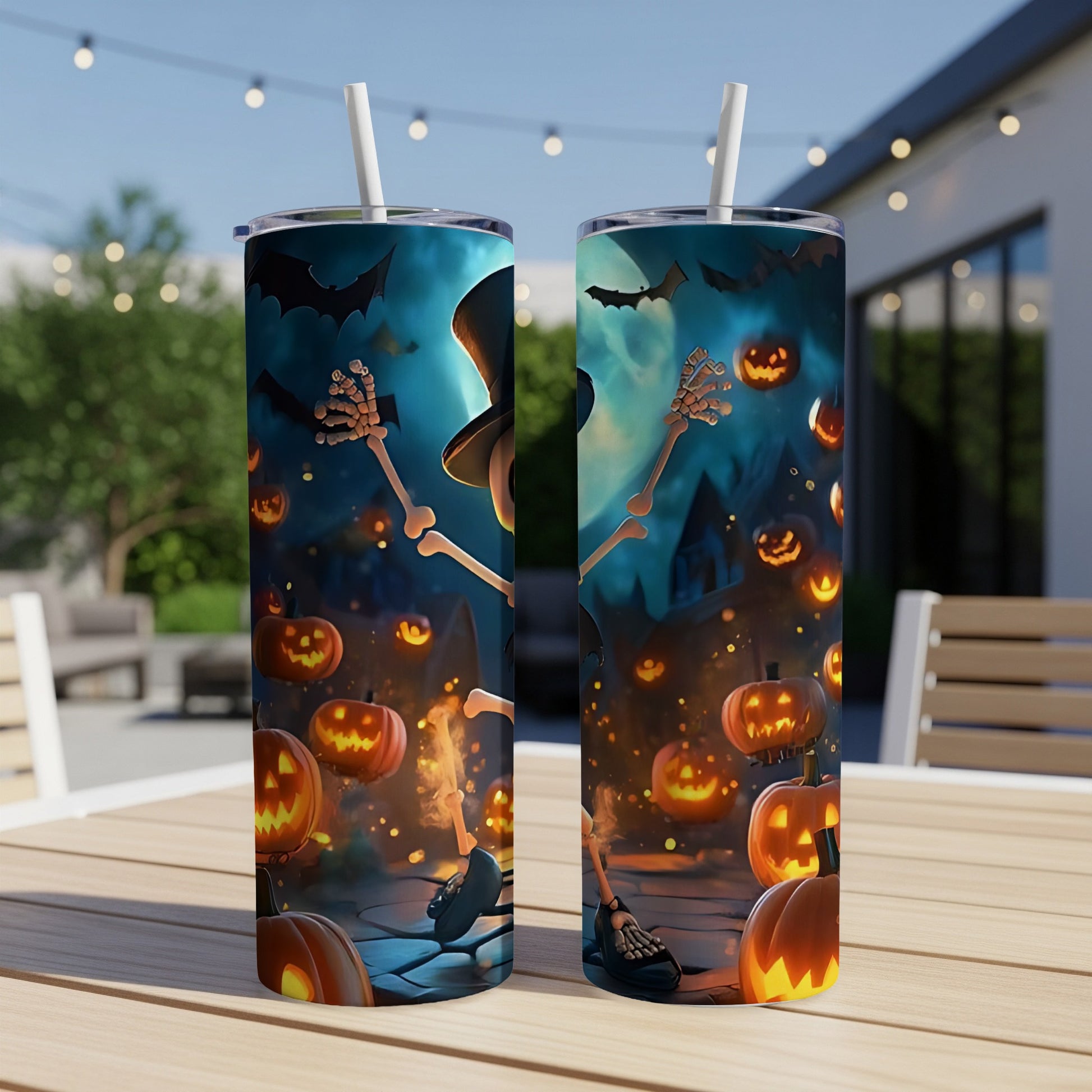 Two tumblers with a spooky Halloween skeleton, pumpkin, and bat design.