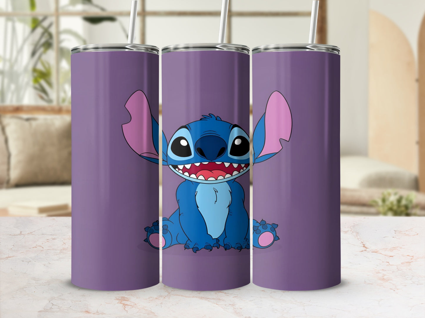 Three purple tumblers featuring Stitch from Lilo & Stitch.