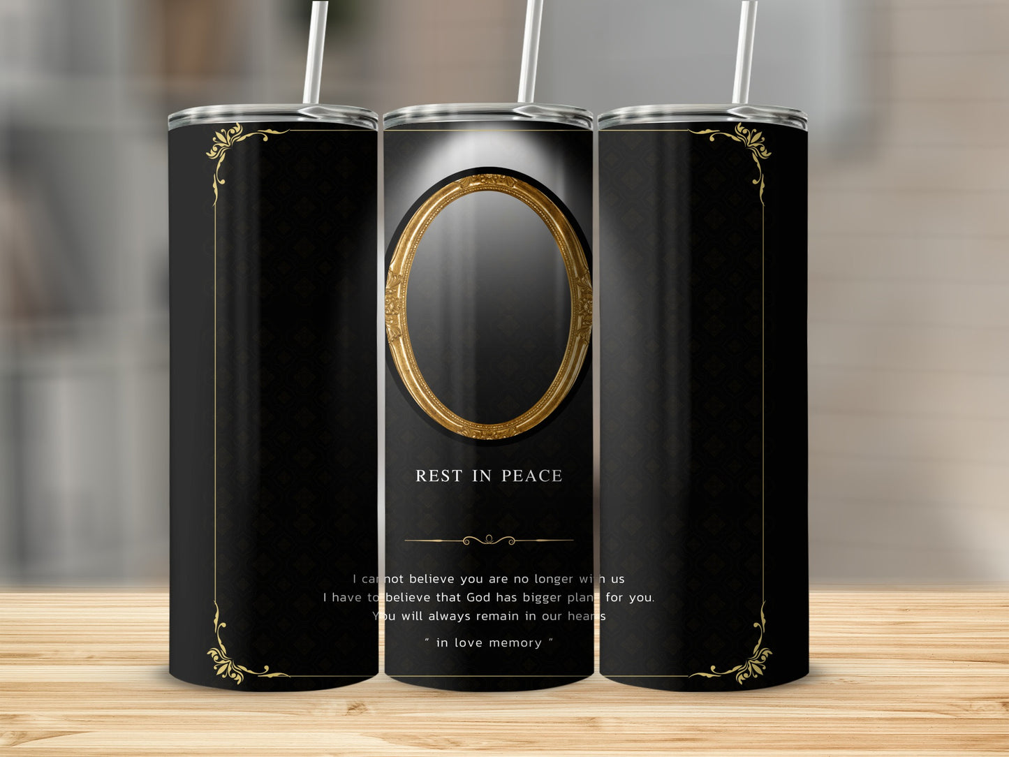 Tumbler with "Rest in Peace" and memorial text, featuring an oval frame.
