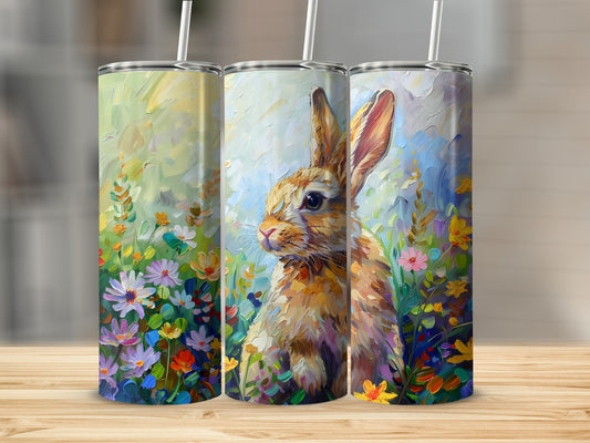 Bunny in colorful wildflowers, artistic illustration on three tumblers.