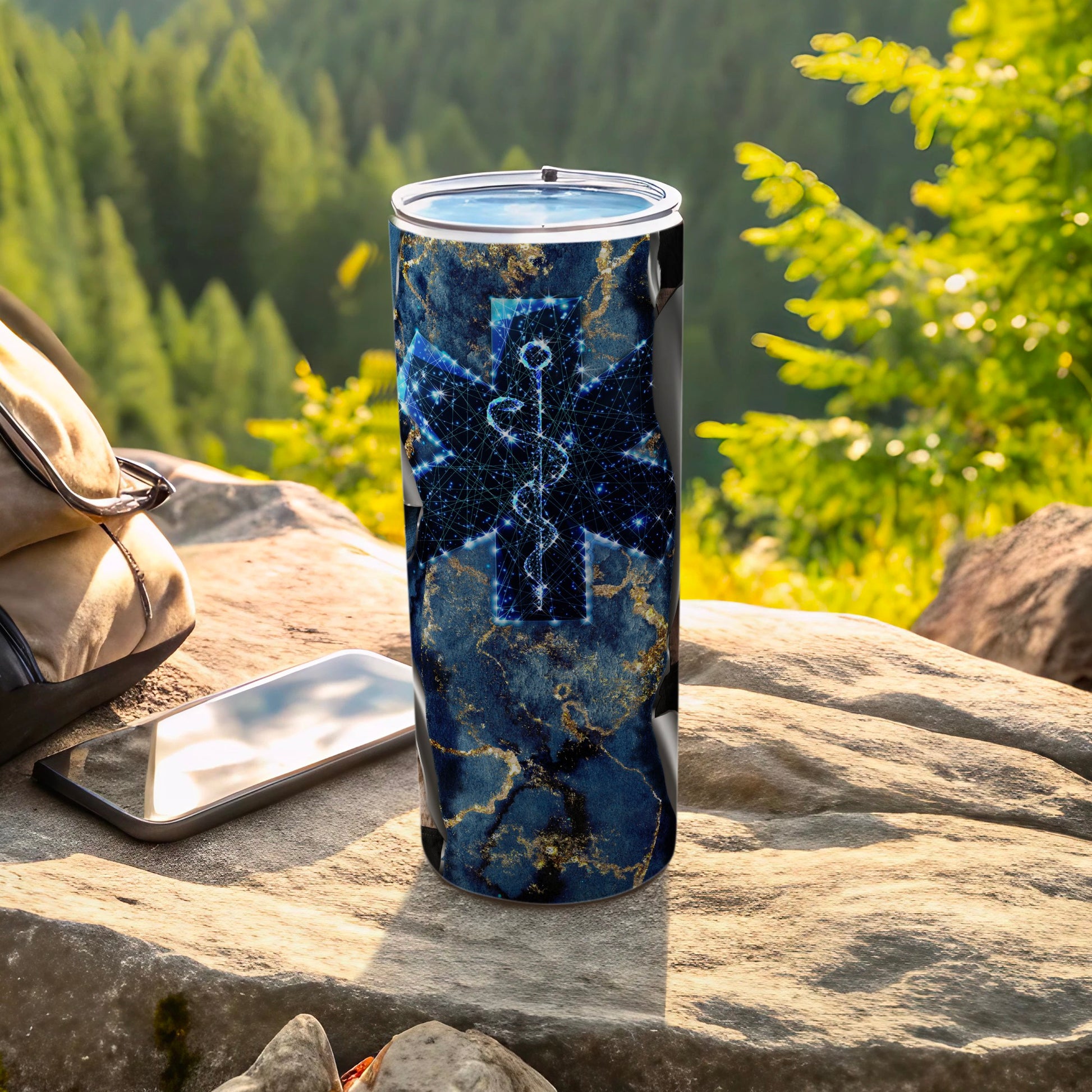 Star of Life design on a dark marble patterned tumbler.