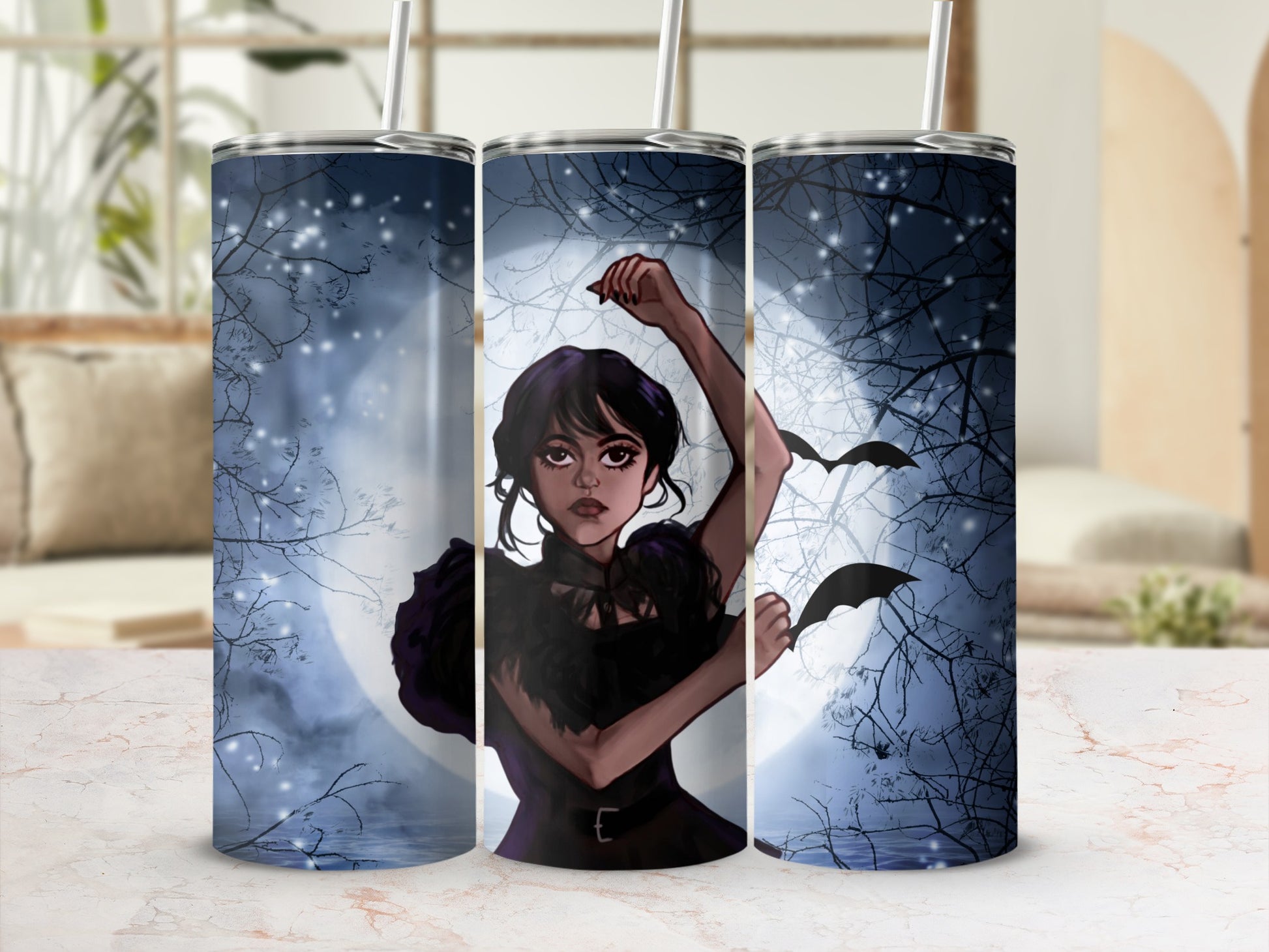Gothic Moonlit Bat Design with Mysterious Girl Tumbler