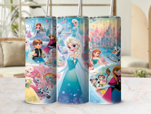 Frozen characters Elsa, Anna, and Olaf on colorful tumblers with winter scenes.