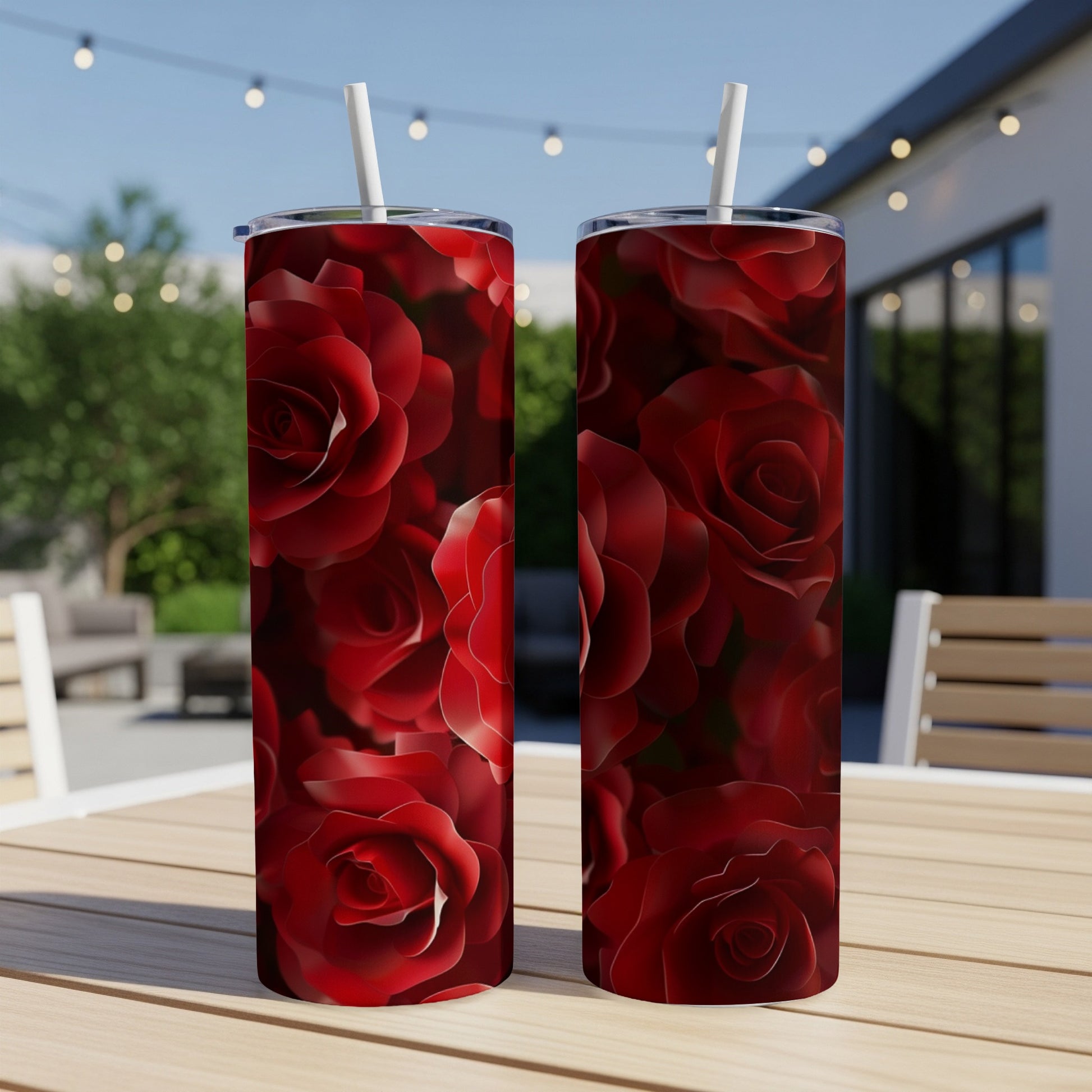 Two red rose patterned tumblers with straws on a table.