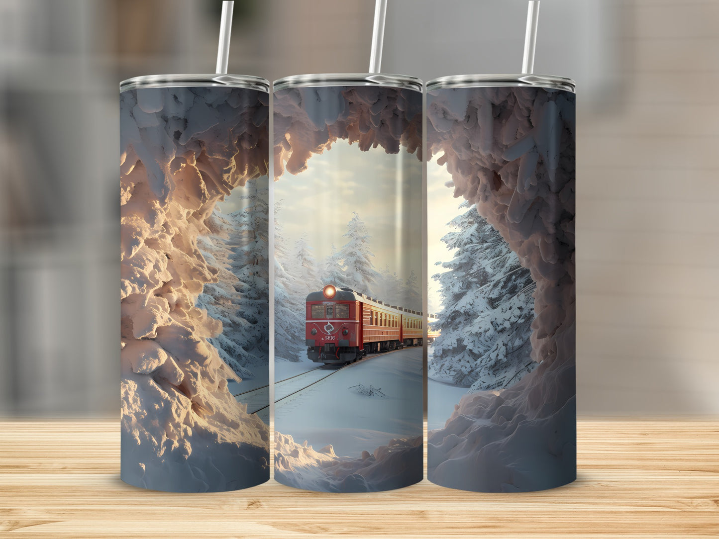 Train in snowy forest scene on three tumblers.