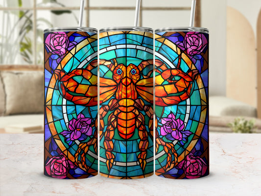 Stained glass tumbler with a bee and floral accents.