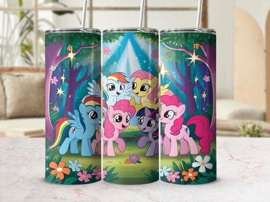 My Little Pony characters Rainbow Dash, Pinkie Pie, and Twilight Sparkle in a whimsical forest.