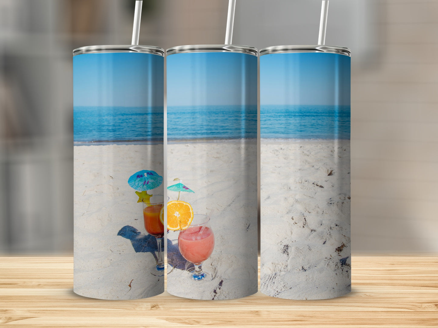Beach Scene Ocean View with Summer Drinks Tumbler