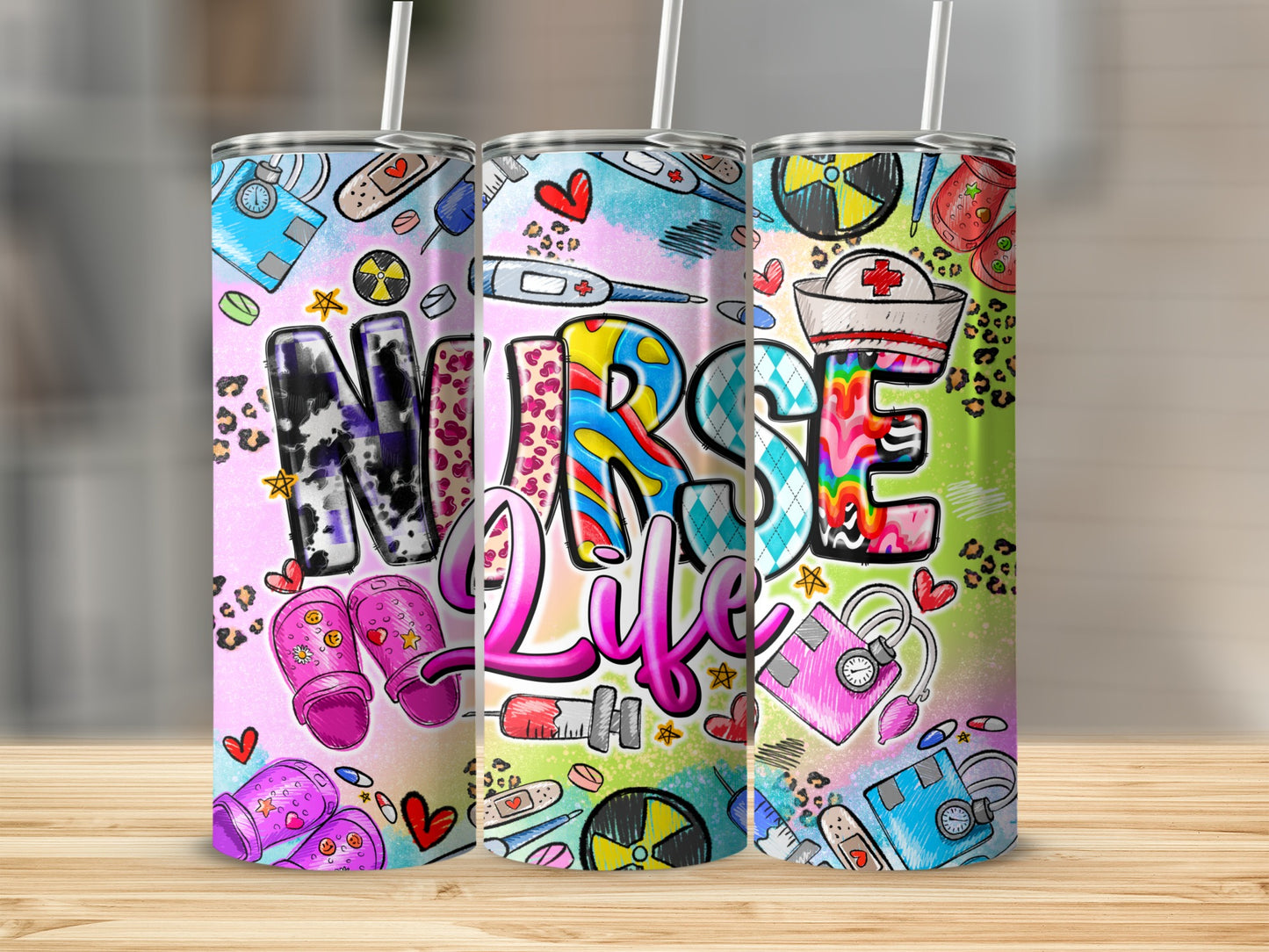 Nurse life tumbler with medical symbols and leopard print accents.