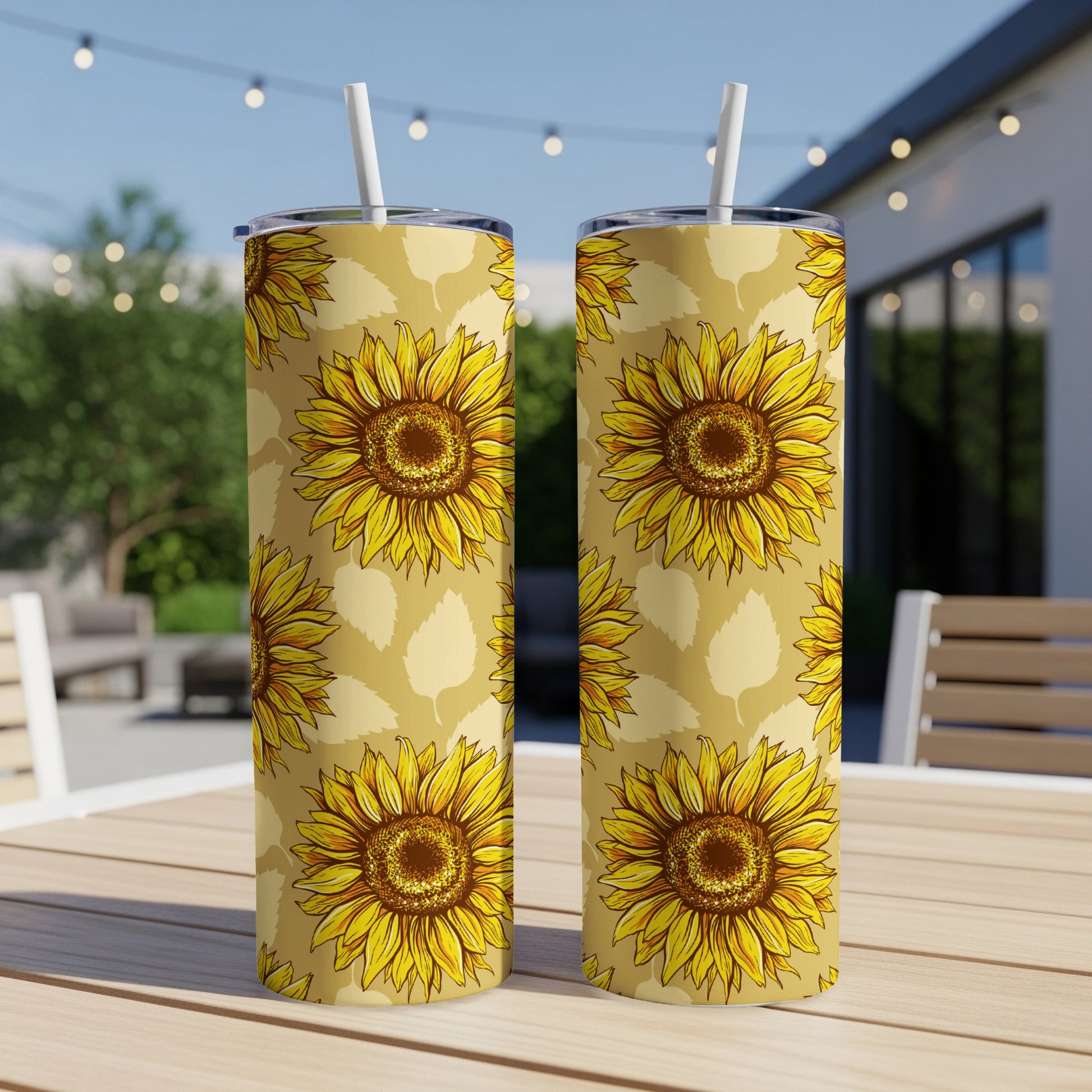 Two tumblers with a repeating sunflower pattern sit on a wooden table outdoors.