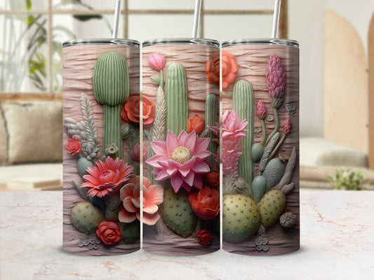 Pink and green desert cacti and succulents adorn a pink tumbler.