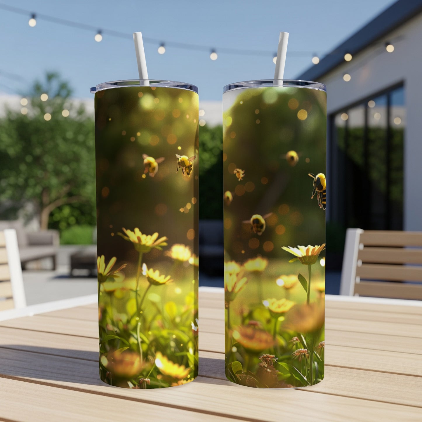 Two tumblers with bees and daisies on a table outdoors.