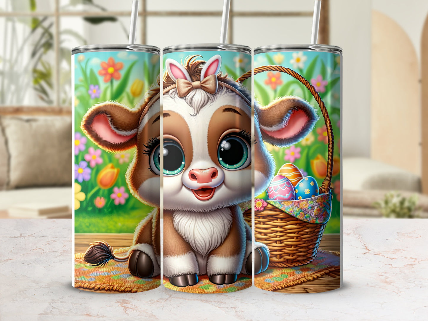Cute cartoon calf with colorful Easter eggs in a basket.