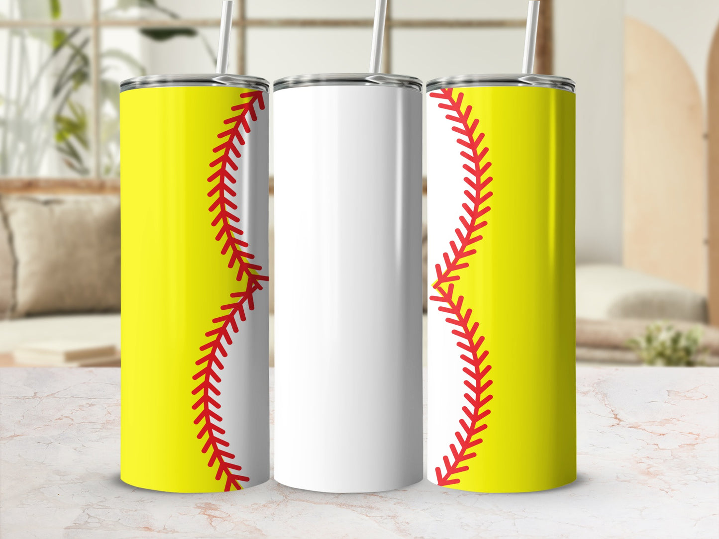 Three softball tumblers with red stitching, one blank white.