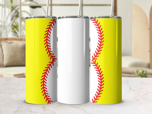 Three softball tumblers with red stitching, one blank white.