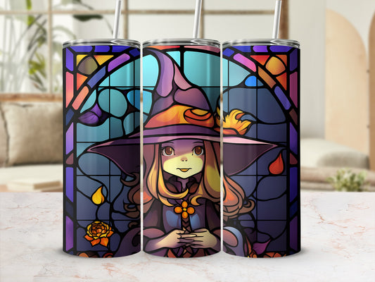 Witch with stained glass hat and colorful background.