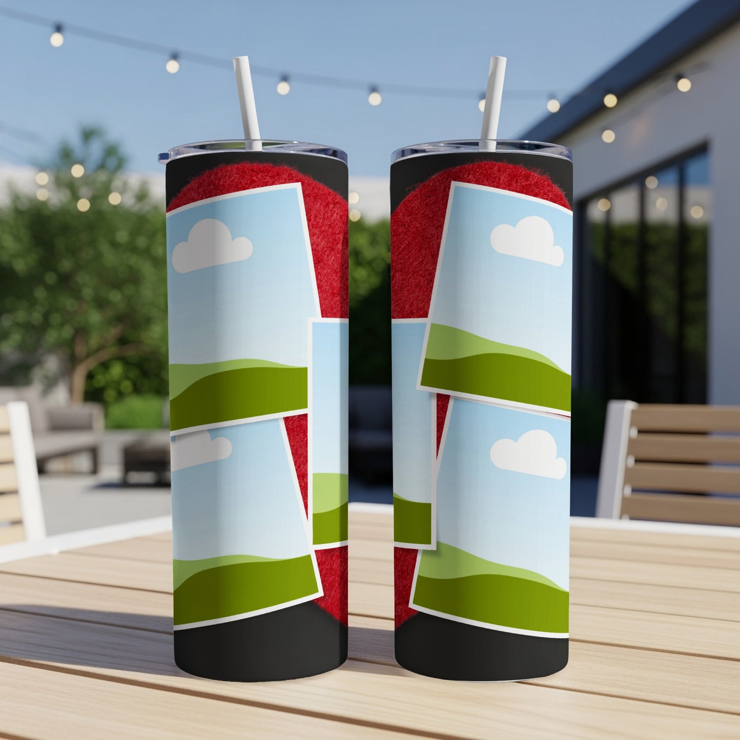 Two tumblers with a red fuzzy heart and landscape photo collage design.