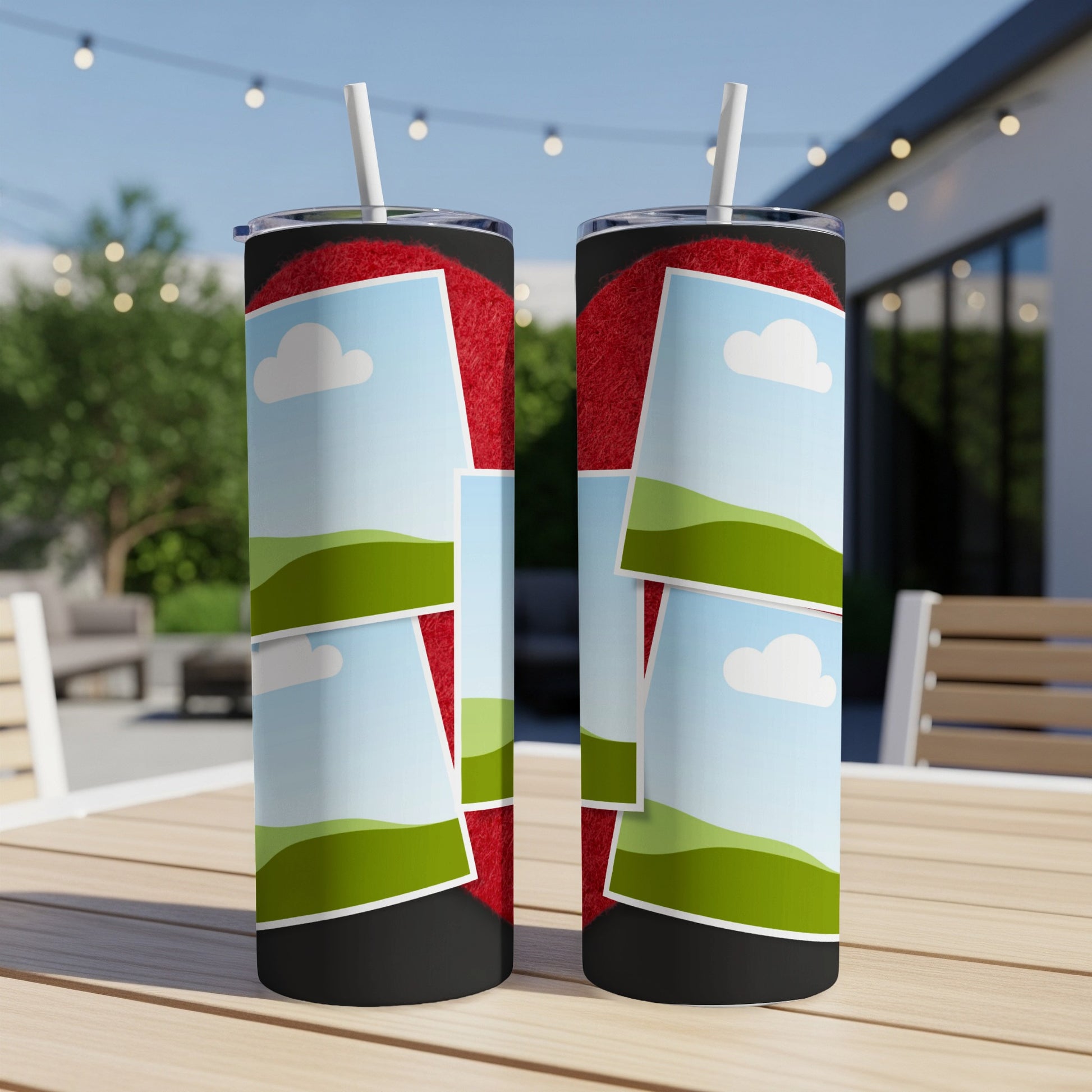 Two tumblers with a red fuzzy heart and landscape photo collage design.