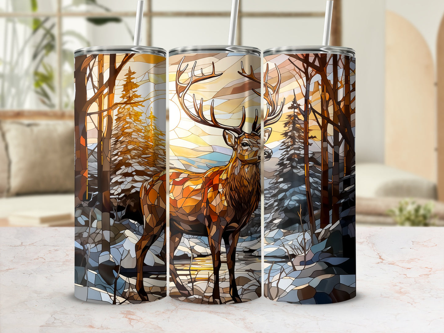 Stained glass art tumbler featuring a stag in a forest scene with mountains.