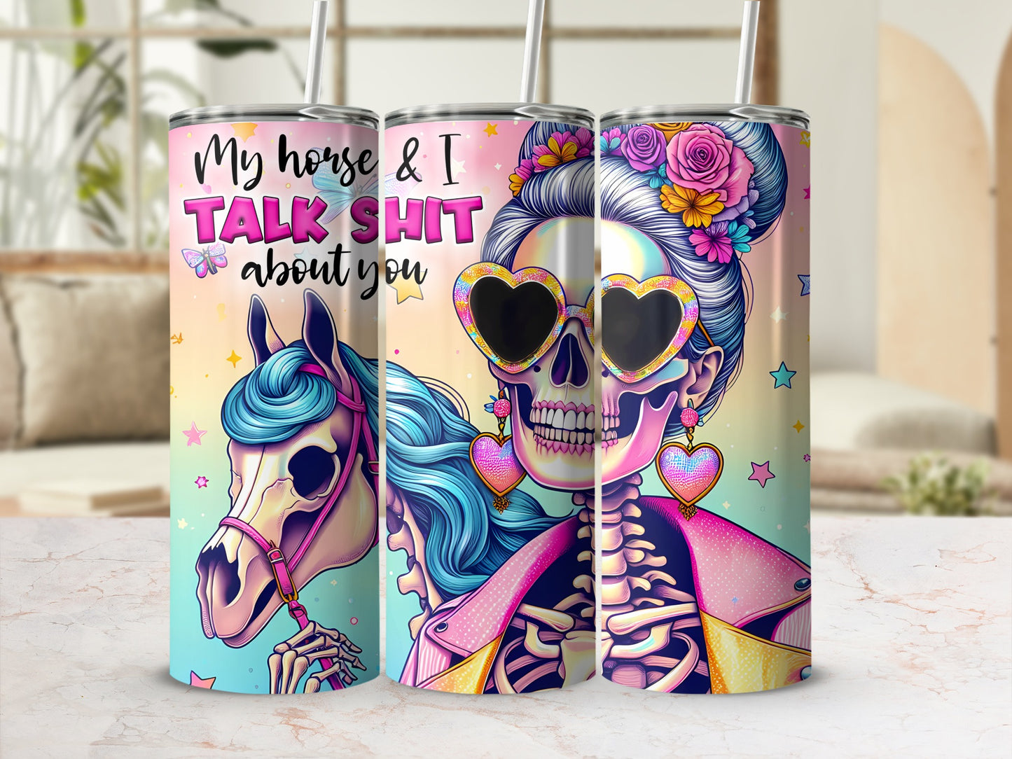 Pink and blue horse and skeleton design with heart sunglasses on tumbler.
