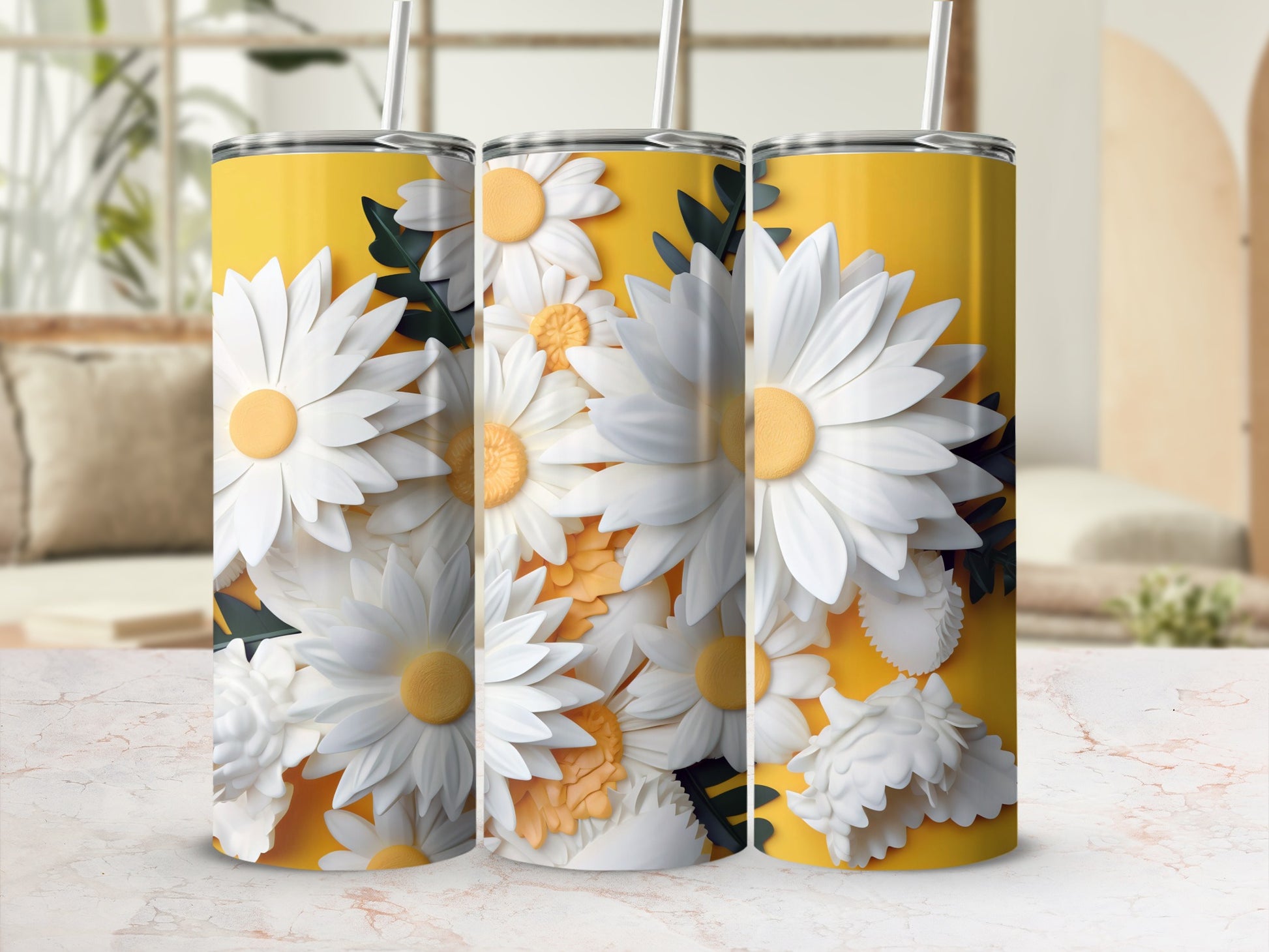 Vibrant White Daisies Design Tumbler with Straw Cup