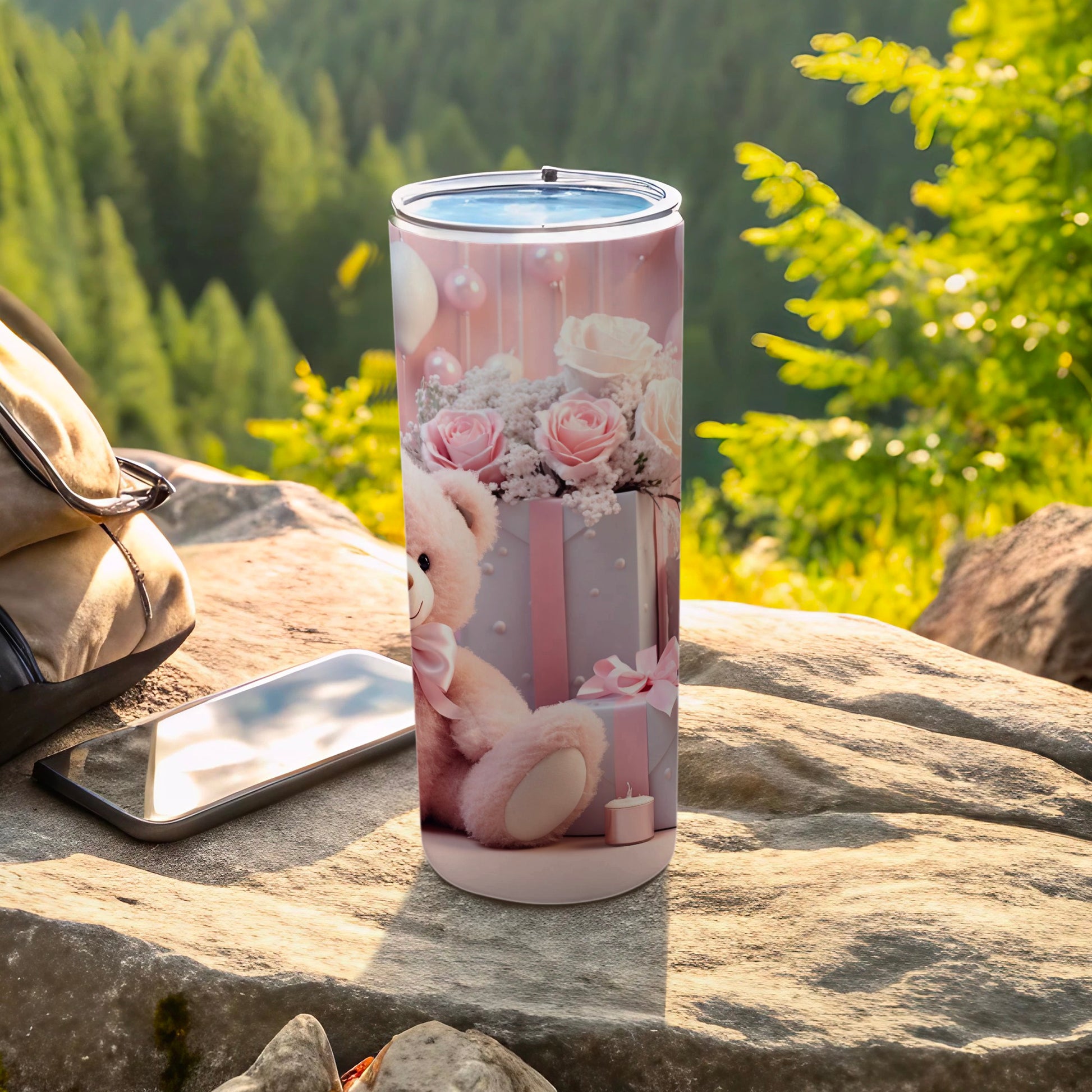 Cute Teddy Bear Floral Design Insulated Tumbler Cup