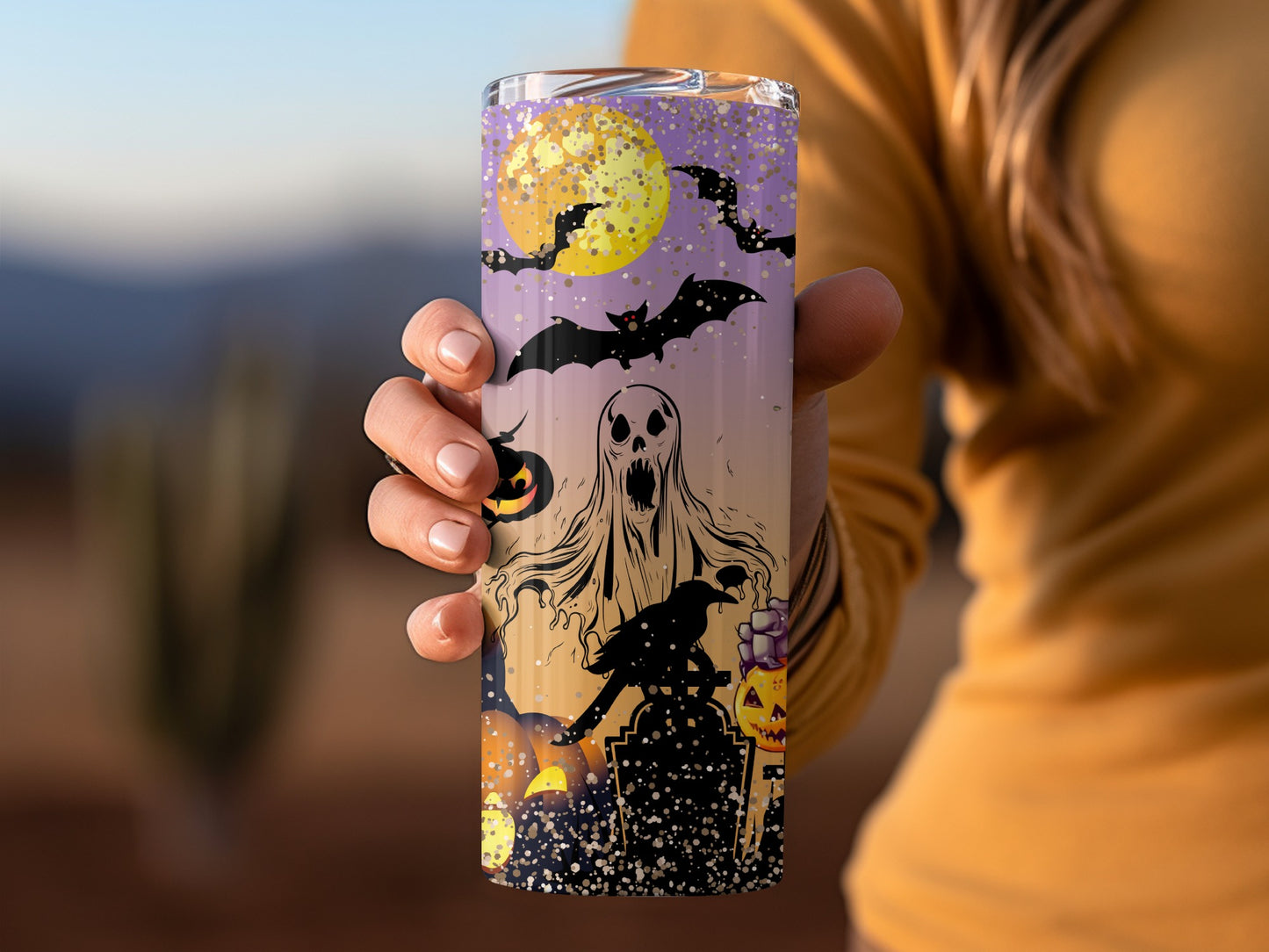 Spooky Halloween Ghost and Bats Tumbler Cup