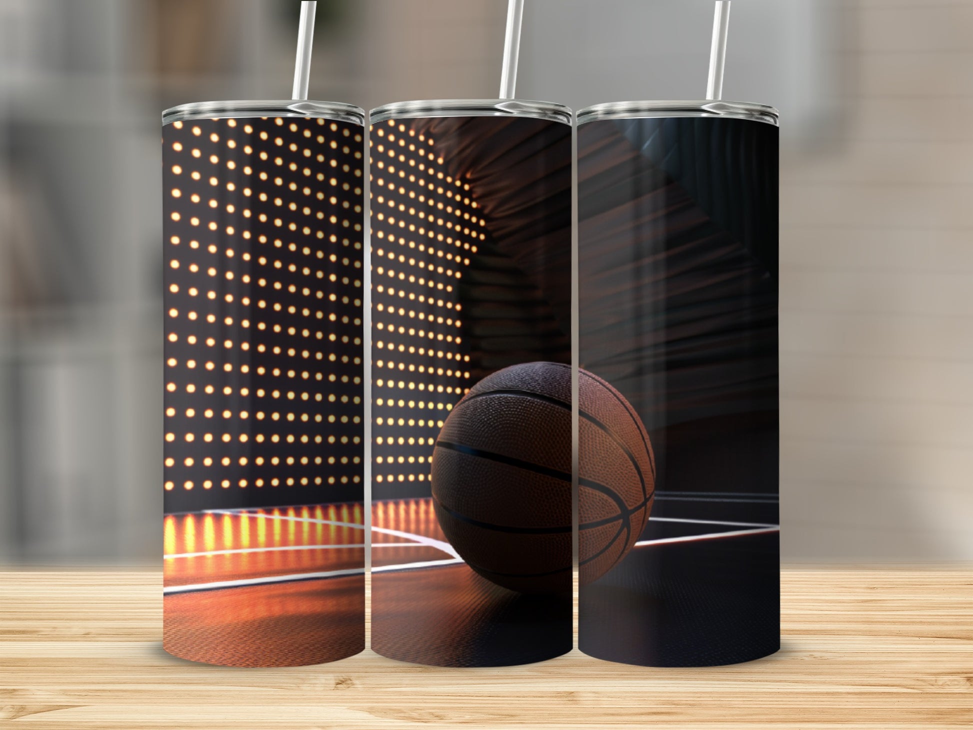 Three tumblers featuring a basketball court with bright lights.