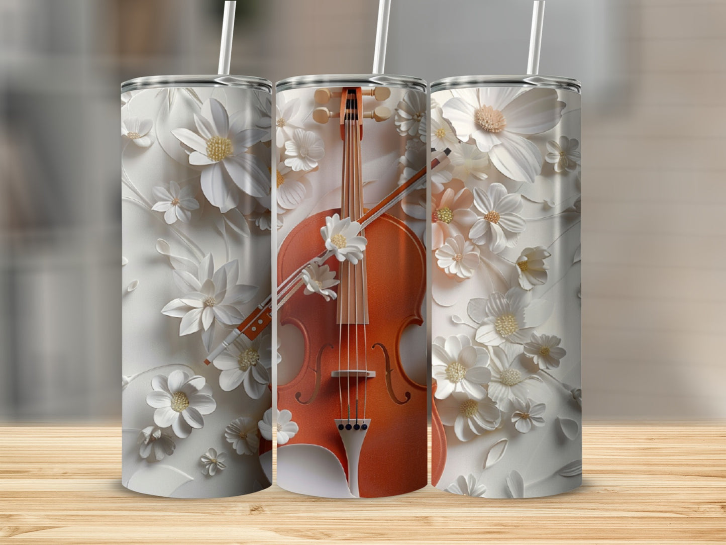 Violin and flowers on a tumbler with a straw.
