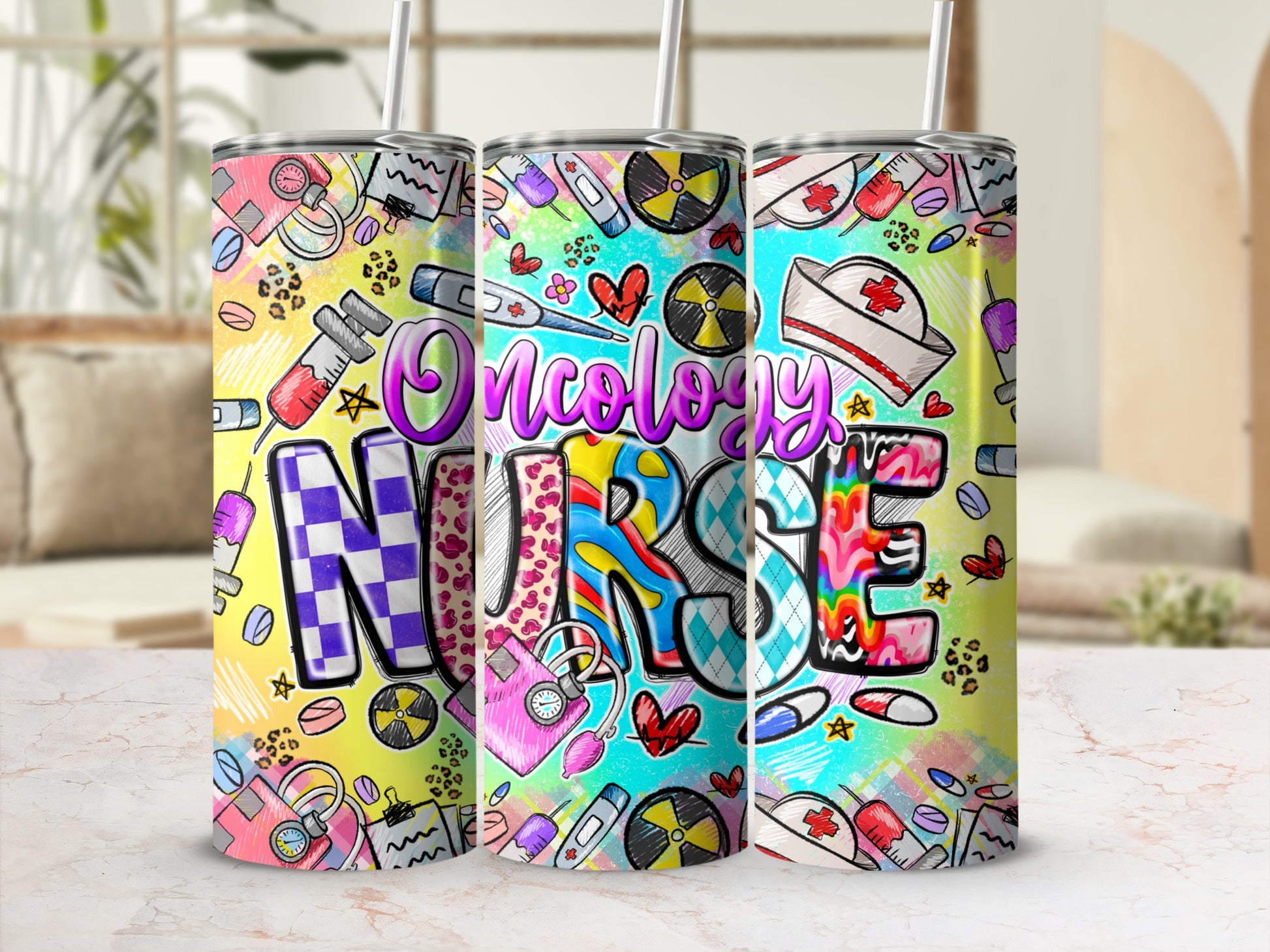 Tumbler with "Oncology Nurse" text and medical icons.